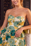 Groene bloemen strapless A-lijn gelaagde korte homecomingjurk met ruches
