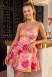 Groene bloemen strapless A-lijn gelaagde korte homecomingjurk met ruches