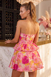 Groene bloemen strapless A-lijn gelaagde korte homecomingjurk met ruches