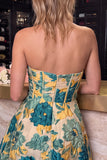Roze bloemenkorset A-lijn strapless mini homecomingjurk met split