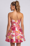 Roze bloemenkorset A-lijn strapless mini homecomingjurk met split