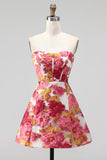 Roze bloemenkorset A-lijn strapless mini homecomingjurk met split