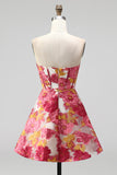 Roze bloemenkorset A-lijn strapless mini homecomingjurk met split