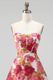 Roze bloemenkorset A-lijn strapless mini homecomingjurk met split