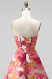 Roze bloemenkorset A-lijn strapless mini homecomingjurk met split