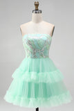 Mintgroene gelaagde ruche, tule pailletten strapless korte homecomingjurk