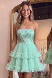 Mintgroene gelaagde ruche, tule pailletten strapless korte homecomingjurk