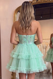 Mintgroene gelaagde ruche, tule pailletten strapless korte homecomingjurk