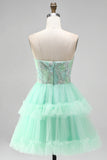 Mintgroene gelaagde ruche, tule pailletten strapless korte homecomingjurk