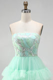 Mintgroene gelaagde ruche, tule pailletten strapless korte homecomingjurk