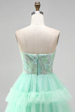 Mintgroene gelaagde ruche, tule pailletten strapless korte homecomingjurk