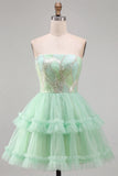 Mintgroene gelaagde ruche, tule pailletten strapless korte homecomingjurk