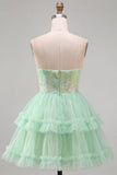Mintgroene gelaagde ruche, tule pailletten strapless korte homecomingjurk
