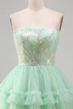Mintgroene gelaagde ruche, tule pailletten strapless korte homecomingjurk