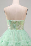 Mintgroene gelaagde ruche, tule pailletten strapless korte homecomingjurk
