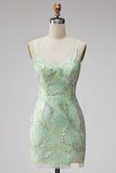 Mintgroene pailletten V-hals korte bodycon homecomingjurk met split