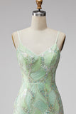 Mintgroene pailletten V-hals korte bodycon homecomingjurk met split