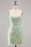 Mintgroene pailletten V-hals korte bodycon homecomingjurk met split