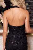 Hemelsblauwe bodycon halter met bloemenkralen met kralen en rugloze korte homecomingjurk