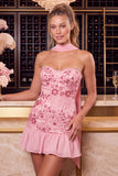 Rode strapless kralenvormige A-lijn bloemen geborduurde homecomingjurk met halsdoek