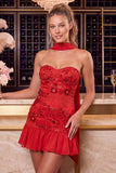 Rode strapless kralenvormige A-lijn bloemen geborduurde homecomingjurk met halsdoek