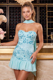 Rode strapless kralenvormige A-lijn bloemen geborduurde homecomingjurk met halsdoek