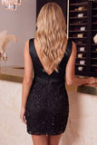 Roze bloemenpailletten Bodycon V-hals gerimpelde korte homecomingjurk