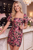 Zwart Rood Bloem Bodycon Vierkante Hals, korte Homecoming-jurk
