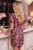 Zwart Rood Bloem Bodycon Vierkante Hals, korte Homecoming-jurk