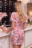 Zwart Rood Bloem Bodycon Vierkante Hals, korte Homecoming-jurk