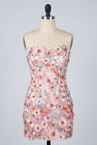Bloemroze geappliqueerde strapless bodycon mini homecomingjurk