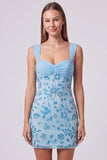 Hemelsblauwe gerimpelde bloemen bodycon korte homecomingjurk met pailletten