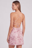 Roze bloemen bodycon pailletten met kralen versierde korte homecomingjurk met kant op de rug