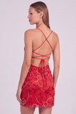 Roze bloemen bodycon pailletten met kralen versierde korte homecomingjurk met kant op de rug