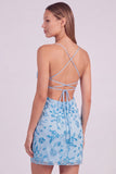 Roze bloemen bodycon pailletten met kralen versierde korte homecomingjurk met kant op de rug