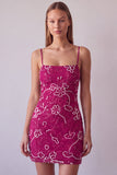 Fuchsia Spaghetti Straps Bloemige Bodycon Kralenbezette Korte Homecoming Jurk