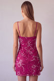 Fuchsia Spaghetti Straps Bloemige Bodycon Kralenbezette Korte Homecoming Jurk