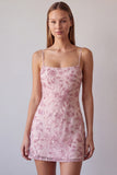Fuchsia Spaghetti Straps Bloemige Bodycon Kralenbezette Korte Homecoming Jurk