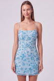 Fuchsia Spaghetti Straps Bloemige Bodycon Kralenbezette Korte Homecoming Jurk