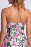 Bloemige lichtblauwe A-lijn strapless korte homecomingjurk
