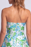 Bloemige lichtblauwe A-lijn strapless korte homecomingjurk