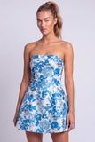 Bloemige lichtblauwe A-lijn strapless korte homecomingjurk