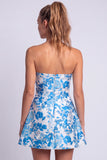 Bloemige lichtblauwe A-lijn strapless korte homecomingjurk