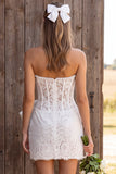Ivoor korset Bodycon strapless kanten parels korte bruidsdouchejurk met strik