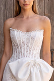 Ivoor korset Bodycon strapless kanten parels korte bruidsdouchejurk met strik