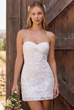 Strapless ivoor bodycon kanten met gerimpelde bloemen korte bruidsdouchejurk