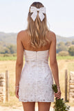 Strapless ivoor bodycon kanten met gerimpelde bloemen korte bruidsdouchejurk