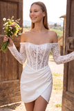 Off-the-shoulder ivoor bodycon korset gerimpelde kanten parels korte bruidsdouchejurk