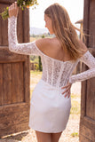 Off-the-shoulder ivoor bodycon korset gerimpelde kanten parels korte bruidsdouchejurk