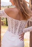 Off-the-shoulder ivoor bodycon korset gerimpelde kanten parels korte bruidsdouchejurk
